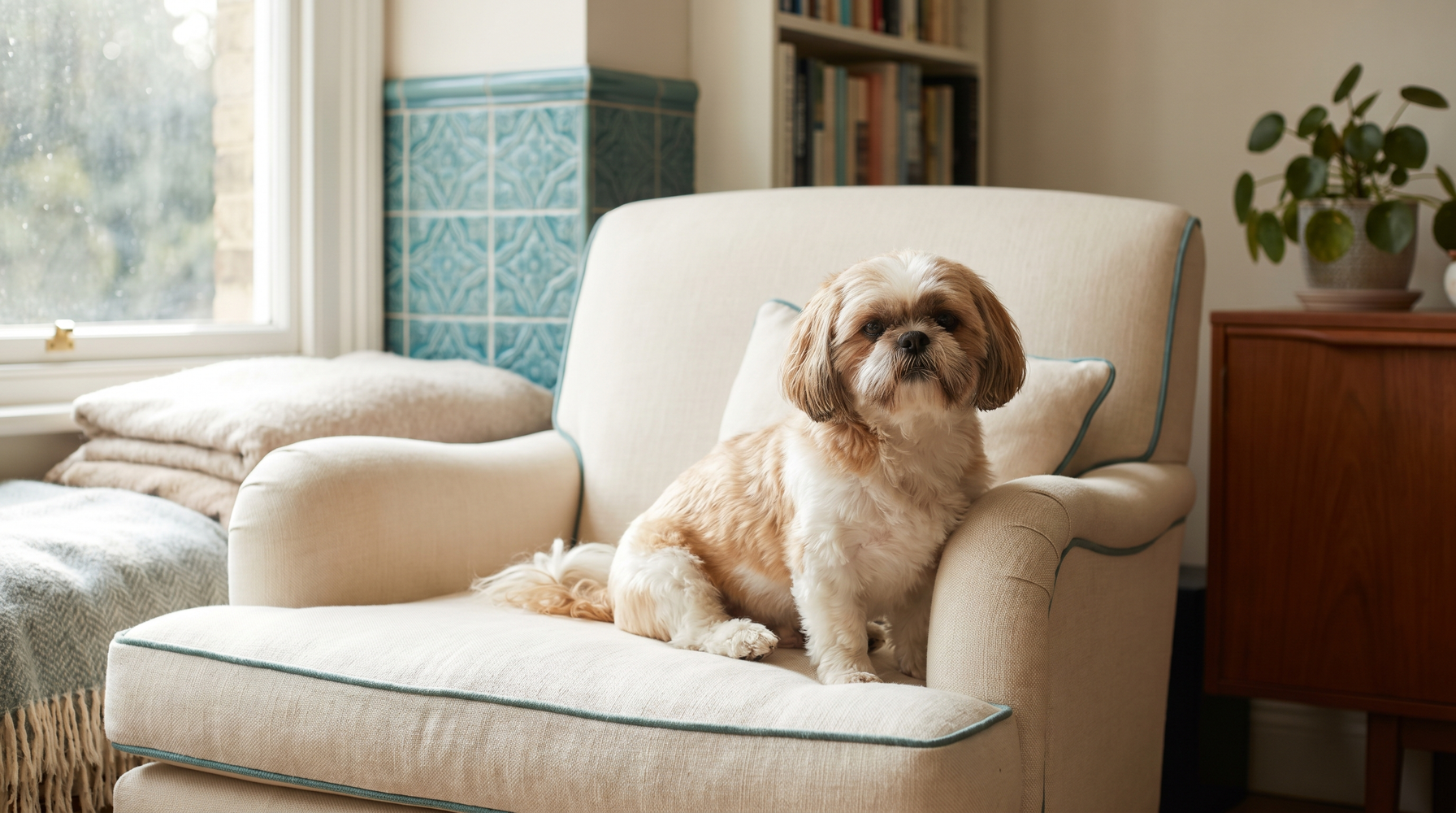 Tan-and-white Shih Tzu dog sitting calmly in a warm, clinic-adjacent room with soft natural light