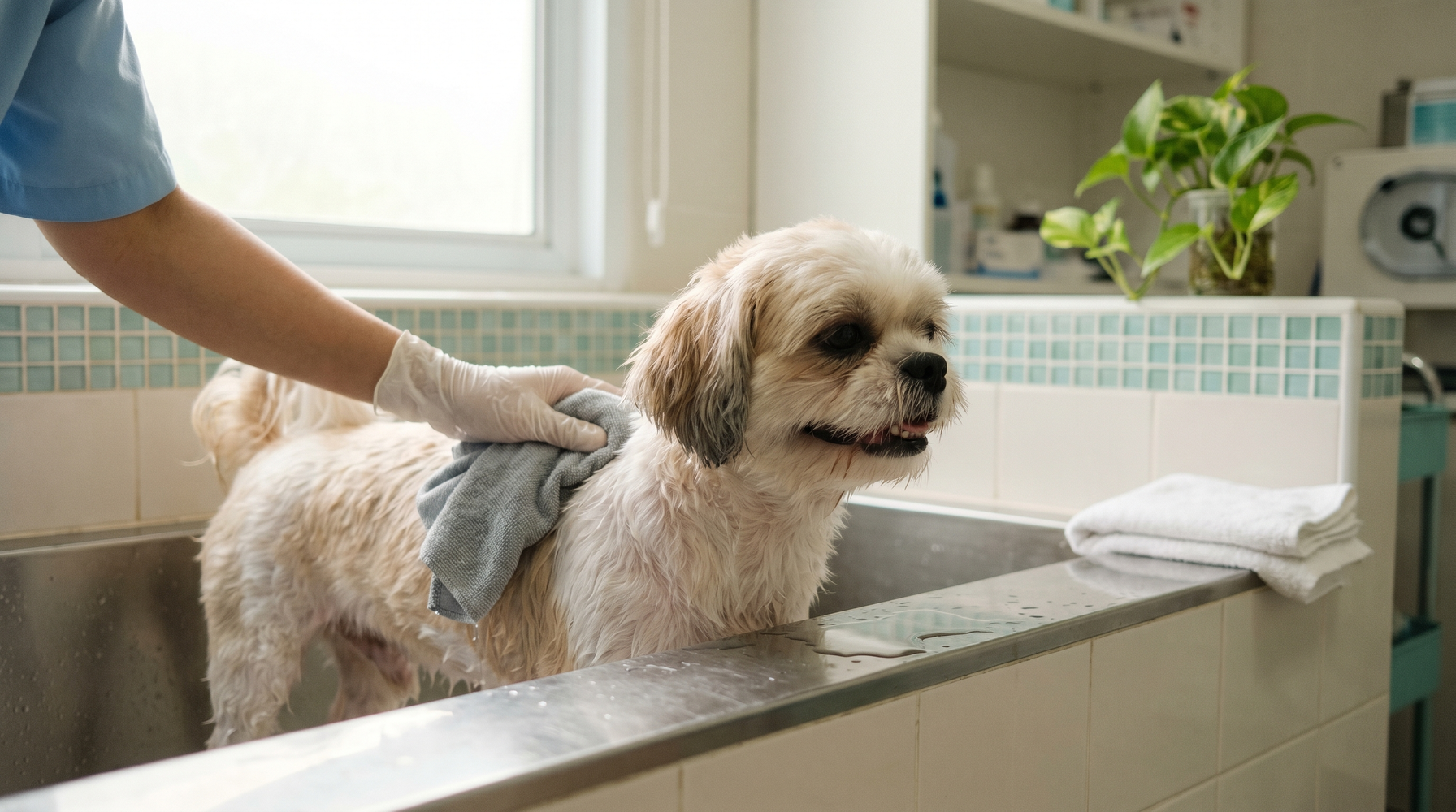 Calm golden retriever being gently shampooed by a Tiny Pet Clinic staff member in a bright clinic grooming bay in Phuket