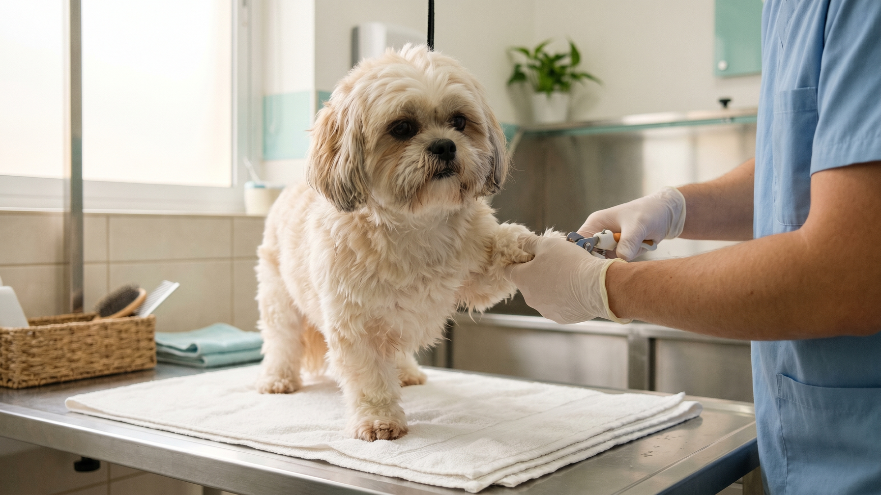 Tiny Pet Clinic staff member carefully trimming the nails of a relaxed tabby cat on a towel-lined grooming table