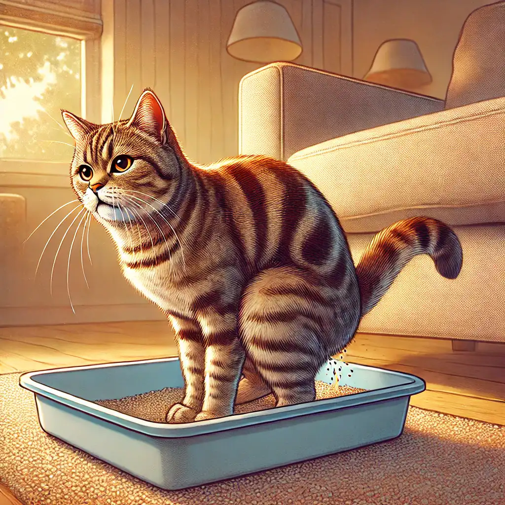 A cat trying to urinate in a litter box with visible discomfort